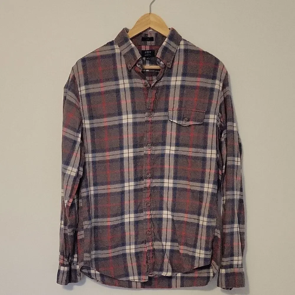 J.CREW Men's Blue Red Plaid Flannel Shirt Classic Slim Fit Workwear Cotton Sz M
